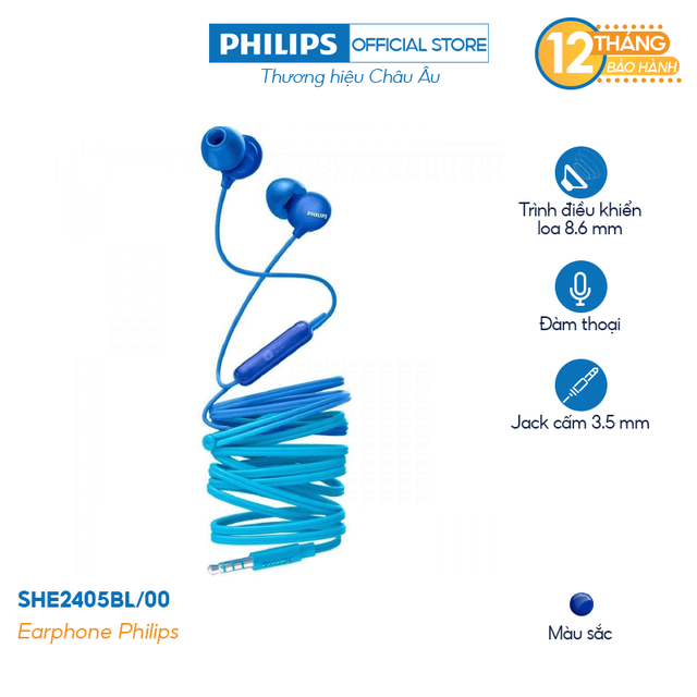 Earphone Philips SHE2405BL/00-Blue, with Mic