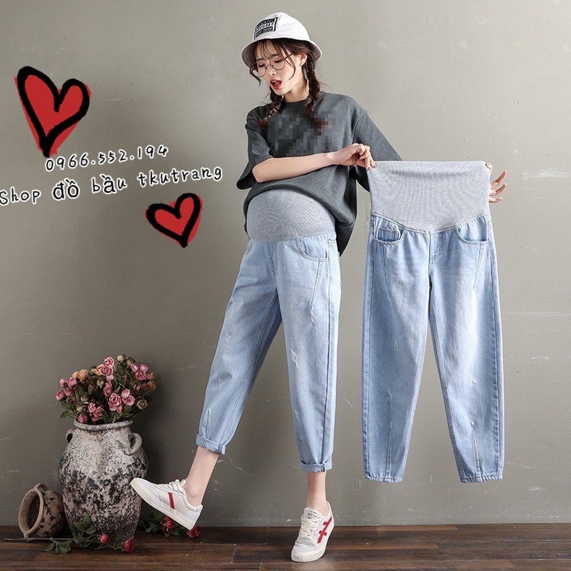 [Giá xưởng] Quần jean bầu cao cấp, ☘️có đáp bụng và chun chỉnh từng thai kỳ☘️Size (S-3Xl)