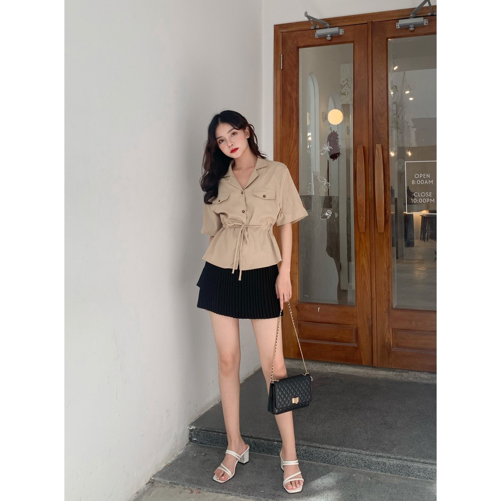 TUBYCATU | Áo sơ mi kem rút eo túi đắp