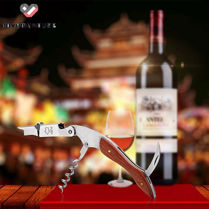 ☁ி☁ Multifunction Corkscrew Wine Bottle Opener Stainless Steel Rosewood Cutter