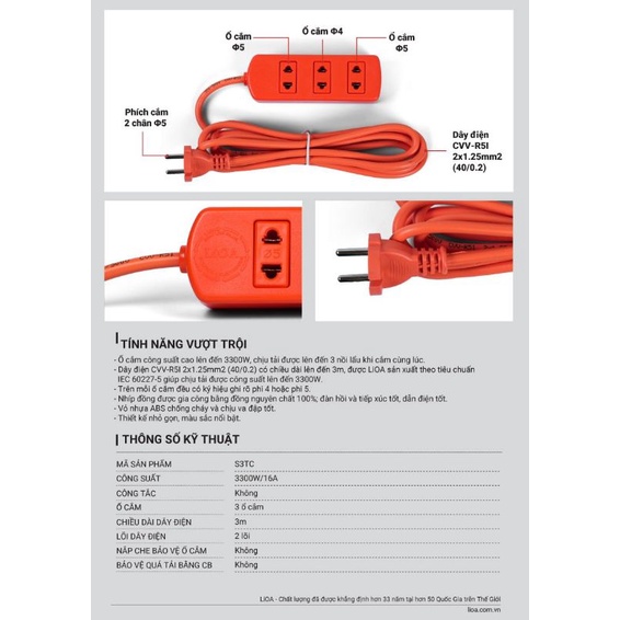 Ổ cắm Lioa công suất cao 3.300w 3m S3TC