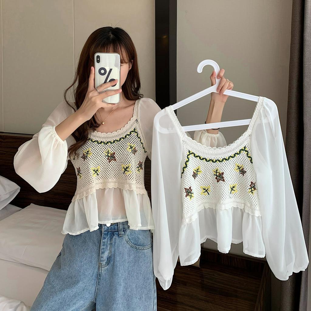 Áo chiffon SUXI tay dài phối màu thời trang cao cấp cho nữ