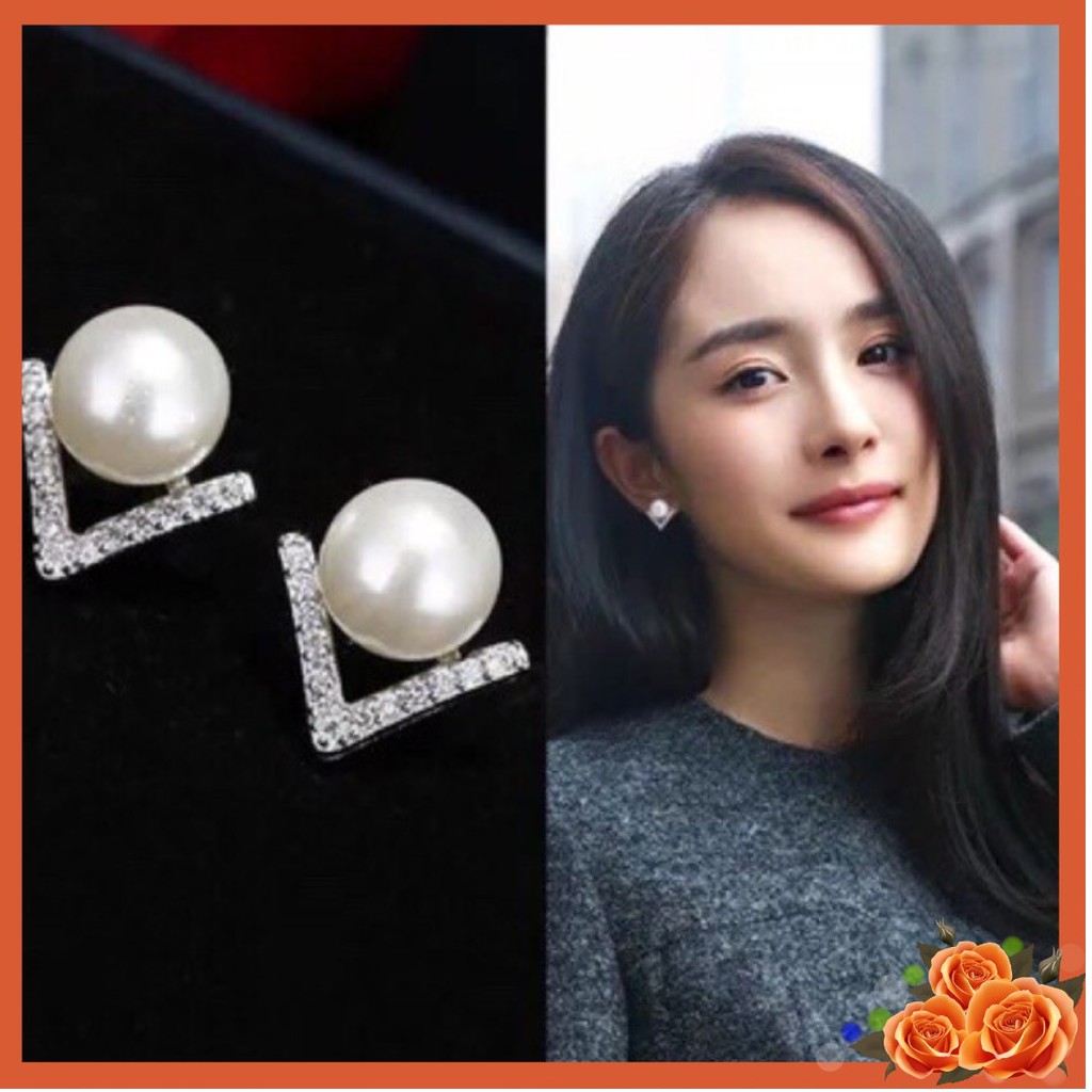 Bông Tai Chữ V Kết Hơp Hạt Chân Châu Quý Phái Bản Đẹp.