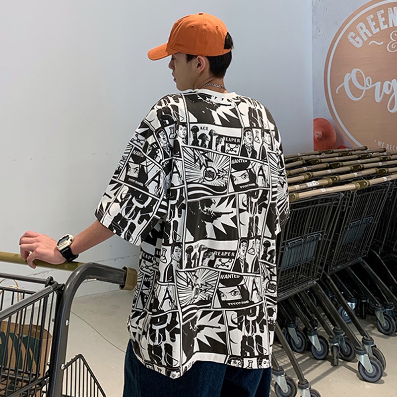 Áo Thun Tay Ngắn Cổ Tròn Dáng Rộng In Họa Tiết Graffiti Phong Cách Hàn Quốc Thời Trang Mùa Hè Cho Nam/Nữ Size M-5XL