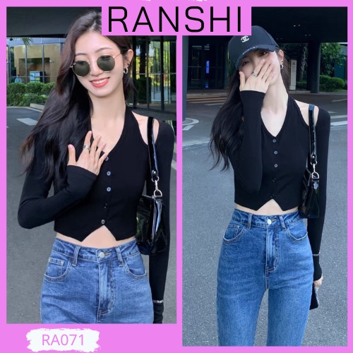 [Có Size] Áo Croptop Tay Dài Ranshi Áo Thun Dáng Ngắn Khoét Vai Vải Thun Gân Thoáng Khí Siêu Cá Tính - Ra071