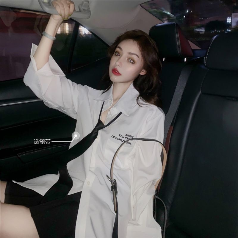 Áo Sơ Mi Tay Dài Dáng Rộng Tay Dài Màu Trắng Thắt Cà Vạt In Chữ Phong Cách JK Hàng Mới 2020 Dành Cho Bạn Nữ