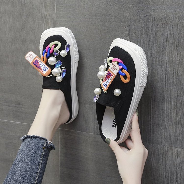 Dép Vải Canvas Đế Bằng Đính Ngọc Trai Dễ Thương | BigBuy360 - bigbuy360.vn
