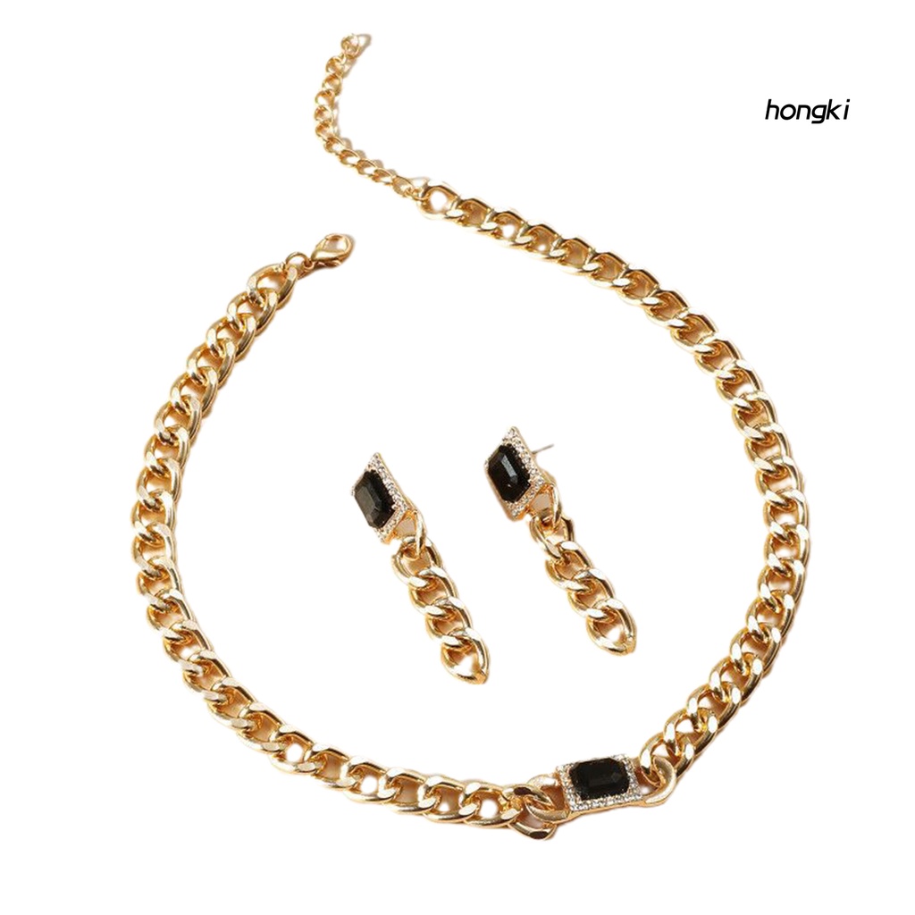 Set 2 Bông Tai Dây Xích Dày Đính Đá Nhân Tạo Phong Cách Hip Hop