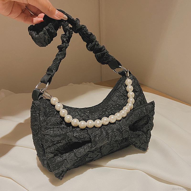 Túi Xách Nữ Túi Đeo Vai Kẹp Nách Màu Trơn Đính Nơ Ngọc Trai Thời Trang Mùa Hè Phong Cách Hàn Quốc