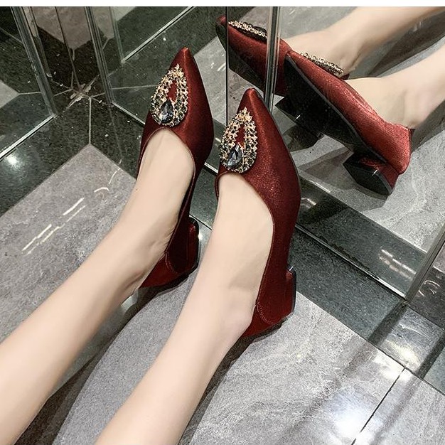 [ORDER] Giày búp bê bọc lụa khuy đính đá gót vuông 3p
