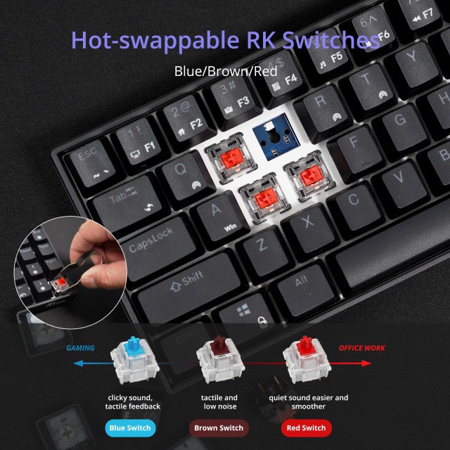 HOTSWAP - Bàn phím cơ không dây Royal Kludge RK61 RGB, Gồm 61 phím kết nối Bluetooth kép pin sạc 1000mAh