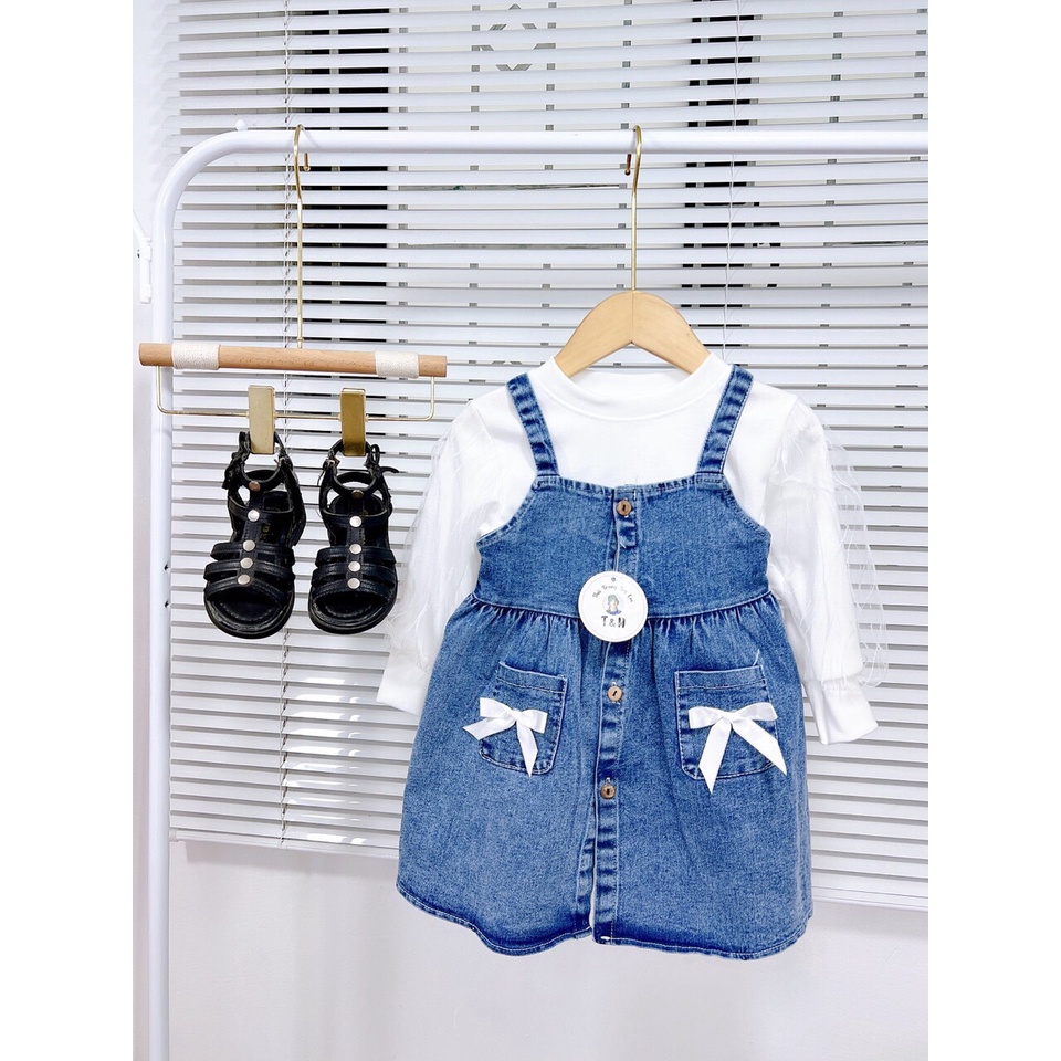 Sét yếm bò gắn 2 nơ kèm áo cotton cao cấp