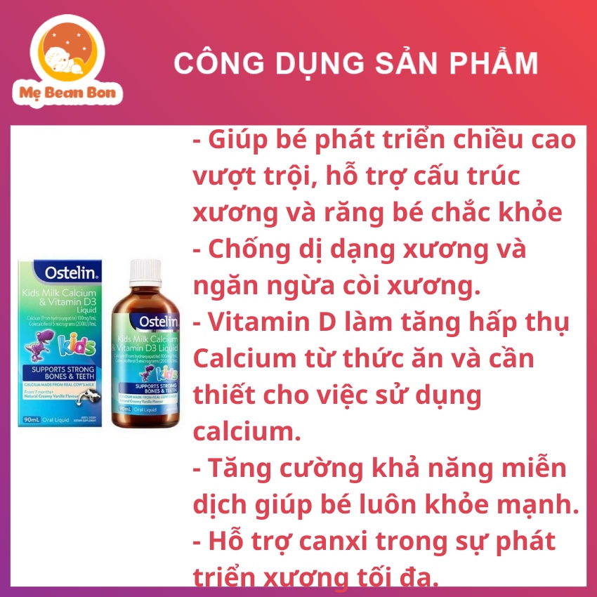 CANXI và vitamin D3 Khủng Long Dạng Nước Ostelin Kids Milk Calcium và Vitamin D3 liquid 90ml của úc cho bé từ 7 tháng