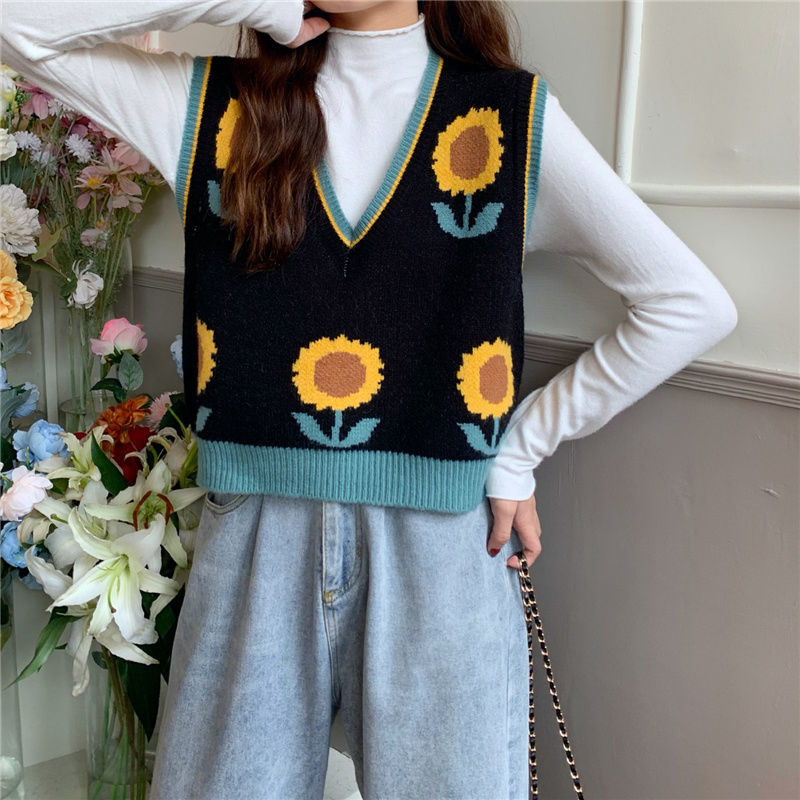 Áo gile dáng rộng họa tiết hoa hướng dương phong cách retro Hàn Quốc cho nữ