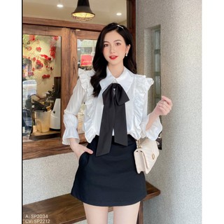 Sơ mi trắng lụa bèo nhún ở ngực thắt nơ