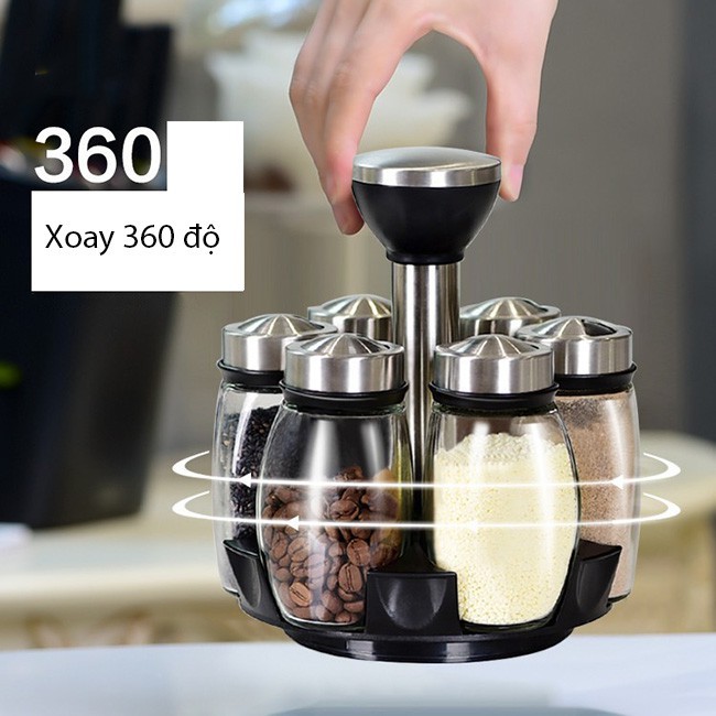 Bộ 6 Lọ Đựng Gia Vị Thủy Tinh Chống Vỡ Kèm Giá Để Xoay 360 Độ VANDO, Kệ Gia Vị Nhỏ Thông Minh Tiện Lợi Thiết Kế Tinh Tế