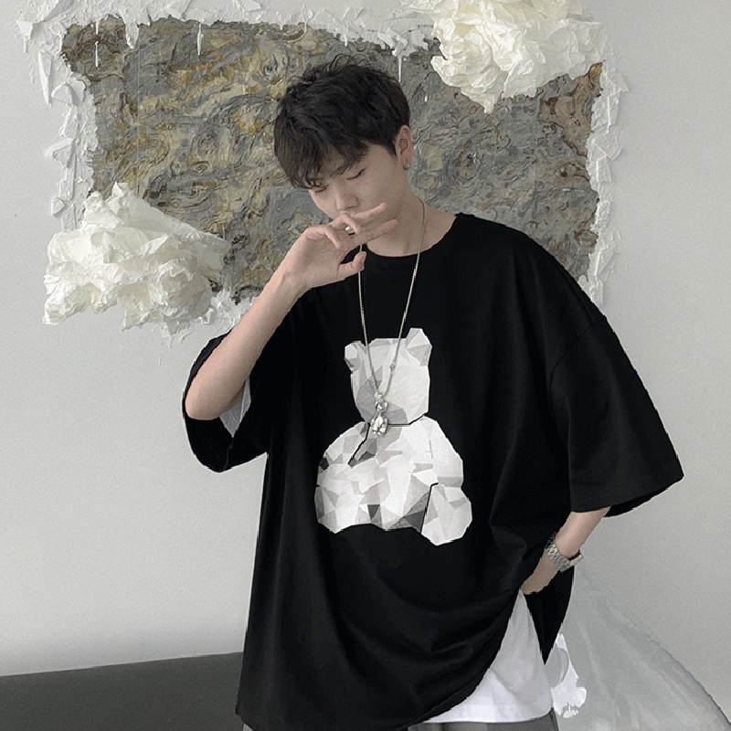 Áo Thun Nam Tay Ngắn Dáng Rộng In Hình Gấu Hoạt Hình Phong Cách Hip Hop Thời Trang Mùa Hè size M-8XL