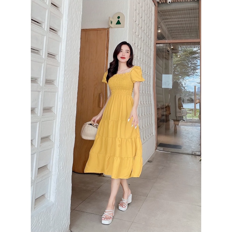 Đầm maxi cổ vuông, đầm đi biển, đi chơi hình thật