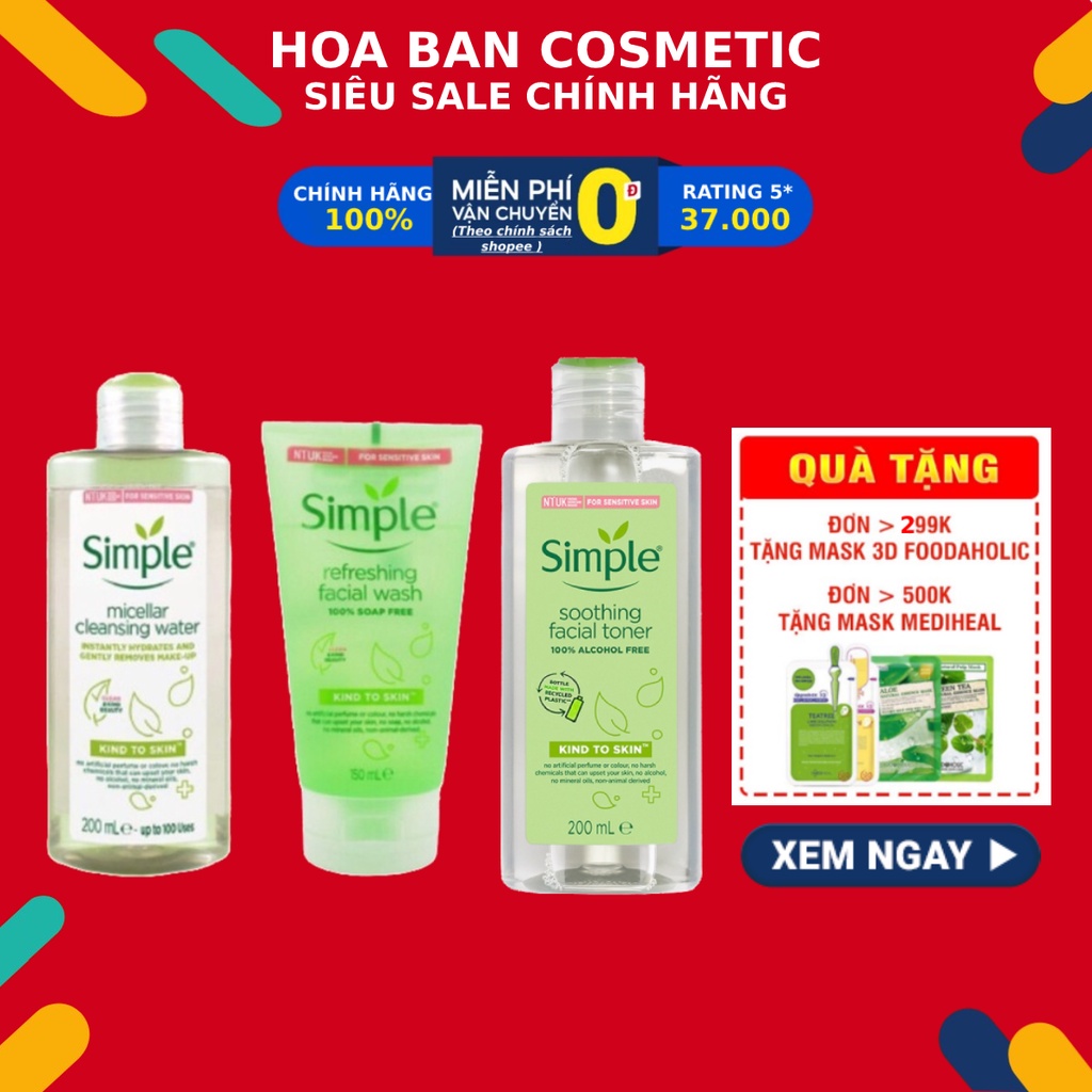 Combo Simple Tẩy trang 200ml + Bông tẩy trang ipek 150 miếng + Sữa rửa mặt 150ml + Nước hoa hồng 200ml | BigBuy360 - bigbuy360.vn