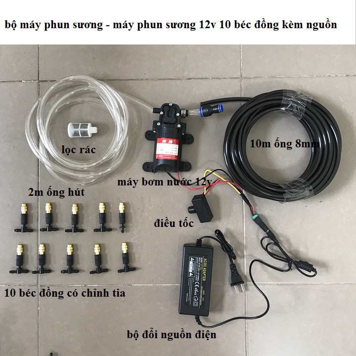 bộ máy bơm phun sương làm mát nhà xưởng,tưới lan kèm đổi nguồn 220v