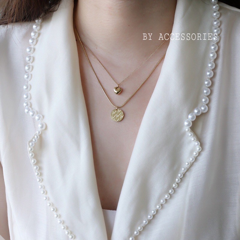 Dây chuyền titan 2 tầng trái tim và mặt tròn khắc chữ không gỉ