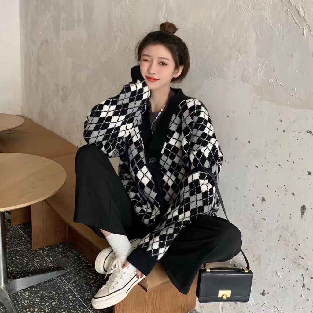 Áo cardigan len Quảng châu họa tiết ziczac caro màu đen trắng phong cách hàn quốc vintage ulzzang AC6 | BigBuy360 - bigbuy360.vn