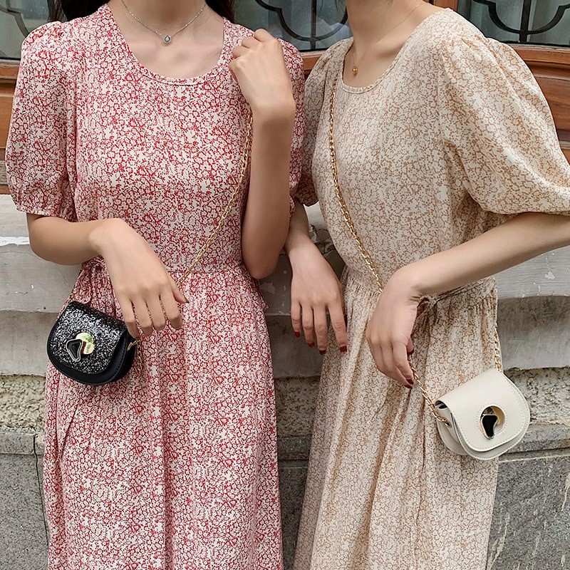 Đầm/Váy babydoll dáng dài hoa nhí tay bồng chất muslin nhật mát, ít nhăn Ulzzang style Ảnh thật