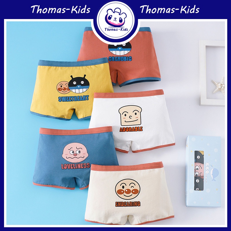 Bộ 5 Quần Lót Boxer 100% Cotton In Họa Tiết Anpanman Cho Bé Trai 3-12 Tuổi