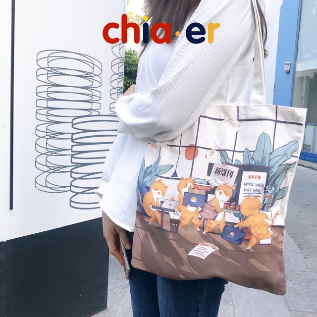 Túi Tote vải chấm tròn màu sắc, túi vải bảo vệ môi trường Chia.er