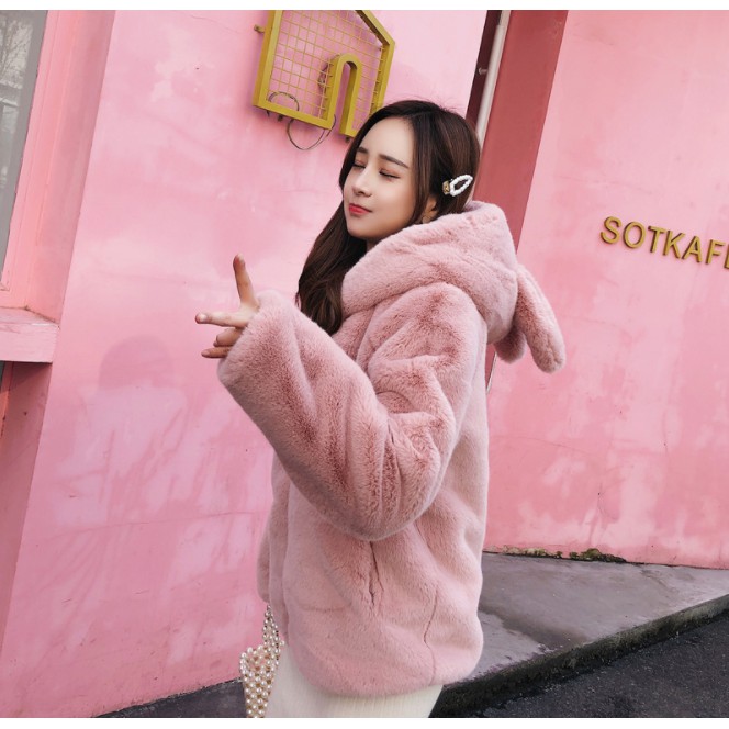 Áo Khoác Lông Nữ Mũ Tai Thỏ Đáng Yêu Ấm Áp Dễ Thương | BigBuy360 - bigbuy360.vn
