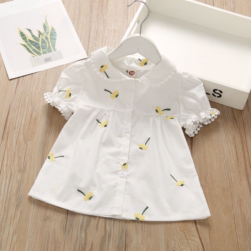 Girls Summer Shirt Clothes Kids Ins Fashion Cotton Thin Short Puff Sleeves Tops Girl Floral Printed Princess Shirt