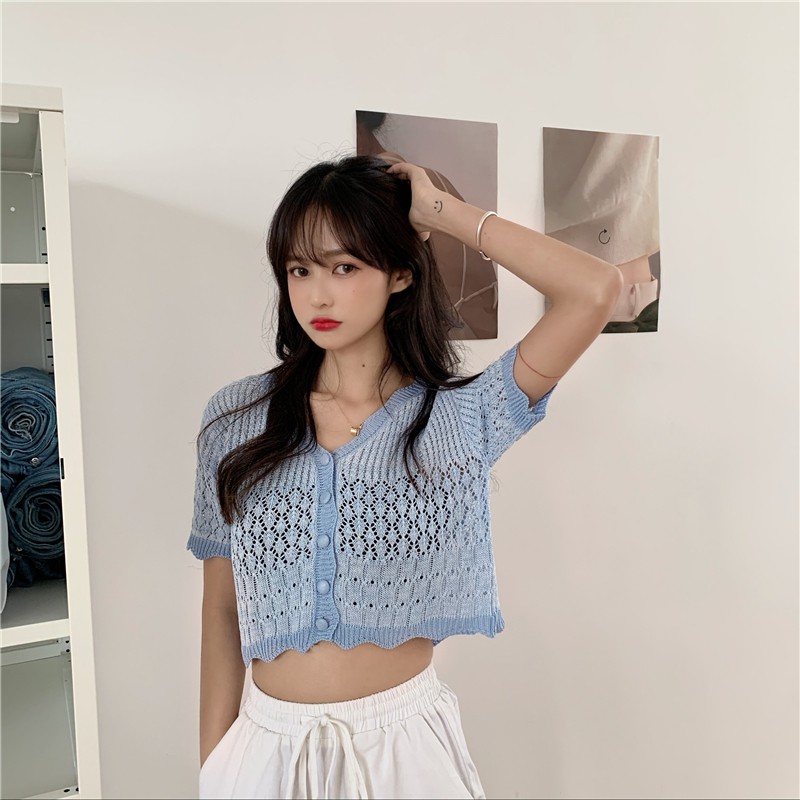 Mặc gì đẹp: [Hàng Đẹp] Xiaozhainv Áo dệt kim ngắn tay cổ chữ V phong cách Hàn Quốc thời trang mùa hè dành cho nữ