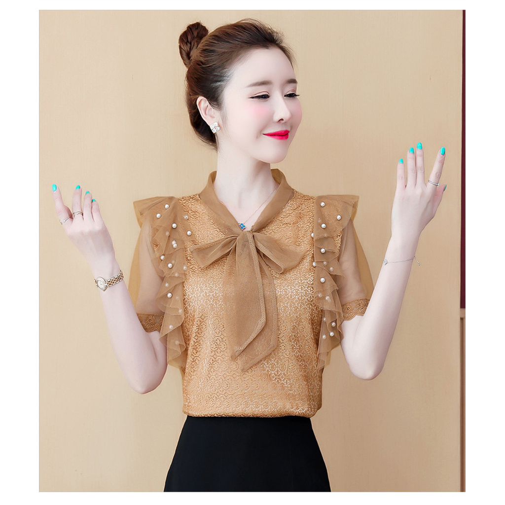 Afeg Đồng Bằng Hàn Quốc Ngắn Tay Thanh Lịch Áo Voan Ren Lưới Thời Trang Nữ-168