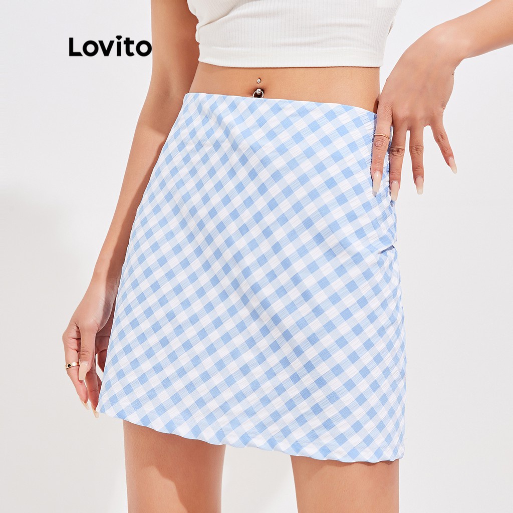 Chân váy Lovito dáng suông vải kẻ caro cơ bản phong cách vintage L16D034 (Màu xanh lam)
