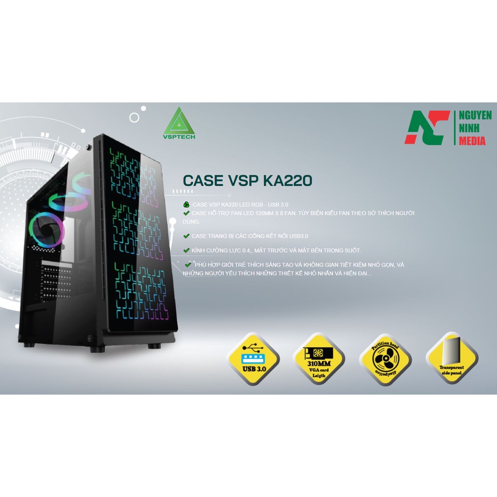 Vỏ Case Gaming VSP KA-220 Kính Cường Lực 2 Mặt (Ko Kèm Fan) - Hàng Chính Hãng