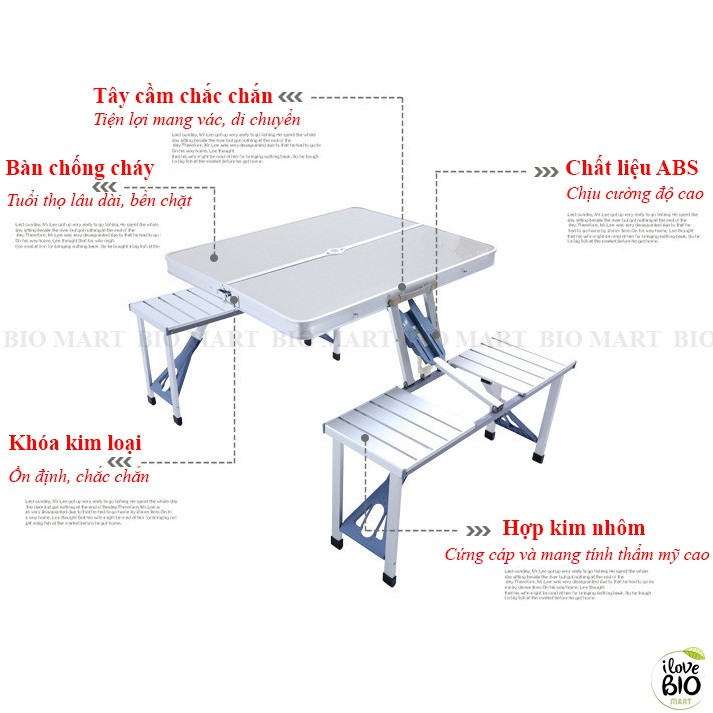 Bộ bàn ghế gấp gọn nhôm siêu nhẹ - Bàn gấp dã ngoại, cắm trại, sinh hoạt ngoài trời - Bàn liền 4 ghế xếp gọn