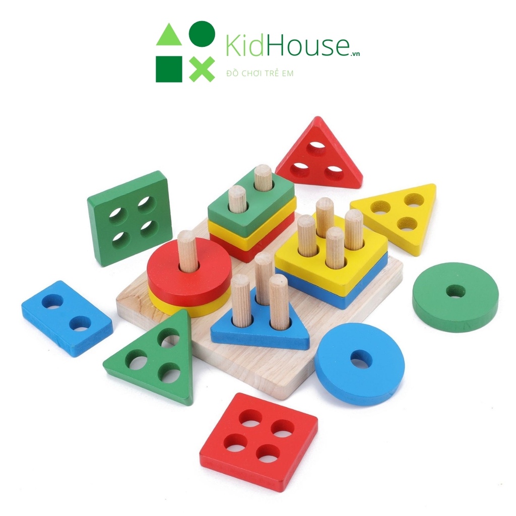 Đồ chơi gỗ thông minh cho bé montessori, bộ thả hình khối 4 trụ thương hiệu KidHouse.vn