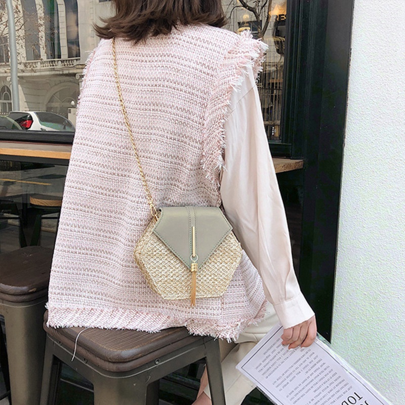 Túi Xách Tote Đan Rơm Phối Tua Rua Cỡ Nhỏ Phong Cách Bohemia Thời Trang Cho Nữ