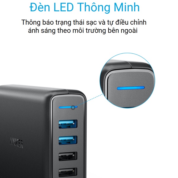 Sạc Anker 5 cổng, 63w, 2 cổng Quick Charge 3.0 - [Powerport Speed 5, 63w, QC 3.0] - A2054 BẢO HÀNH 6 THÁNG