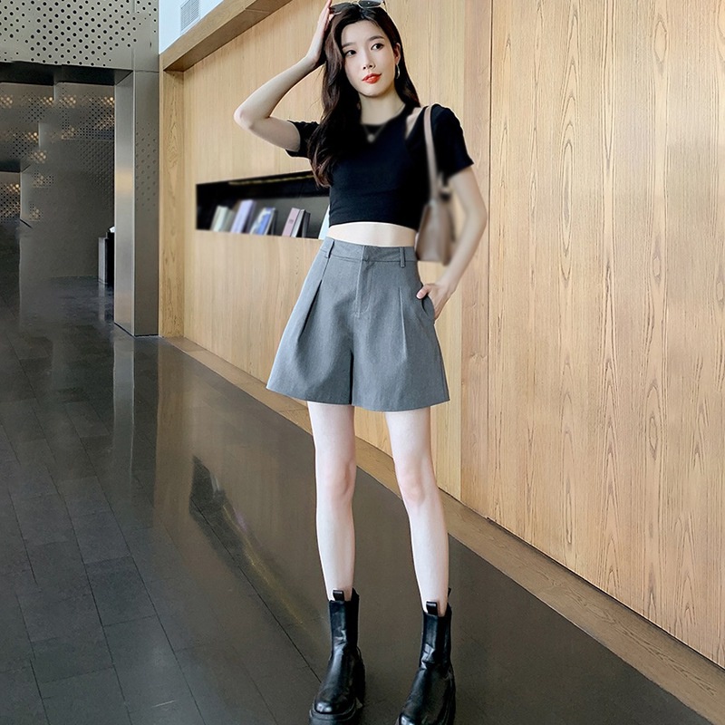 Quần Short Lưng Cao Ống Rộng Màu Sắc Trơn Phong Cách Vintage Hàn Quốc Cho Nữ