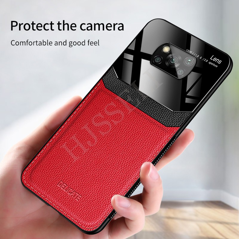 Ốp điện thoại mặt da PU kính cường lực cho Xiaomi Poco X3 Pro