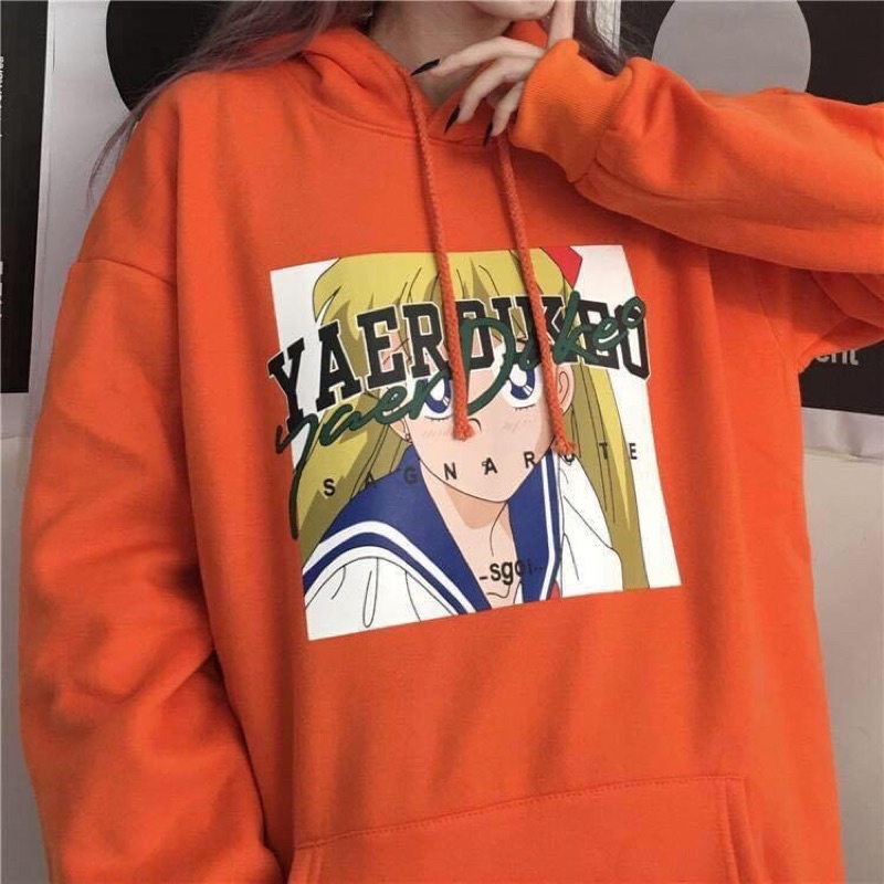 Áo Hoodie Nỉ Bông Cam Cháy Tay Dài Túi Bụng Hoạt Hình