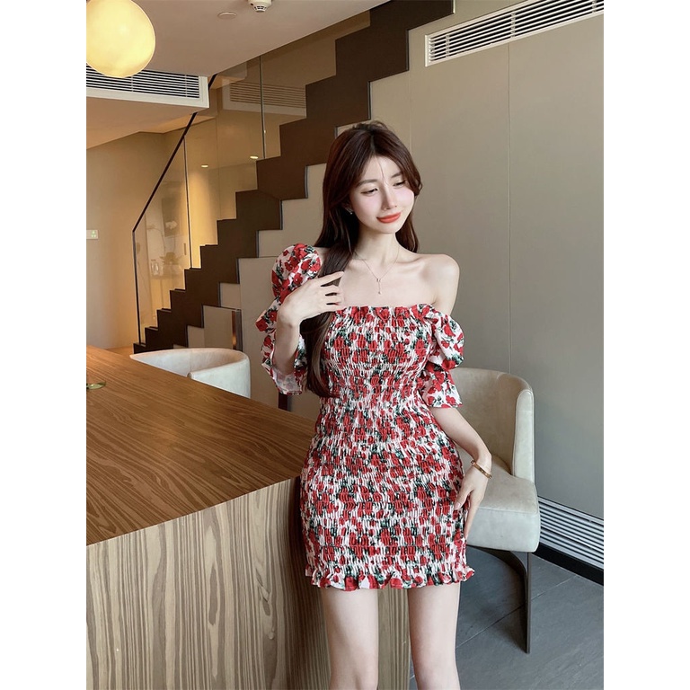 Đầm Tay Phồng Cổ Vuông Họa Tiết Hoa Thời Trang Mùa Hè Phong Cách Mới