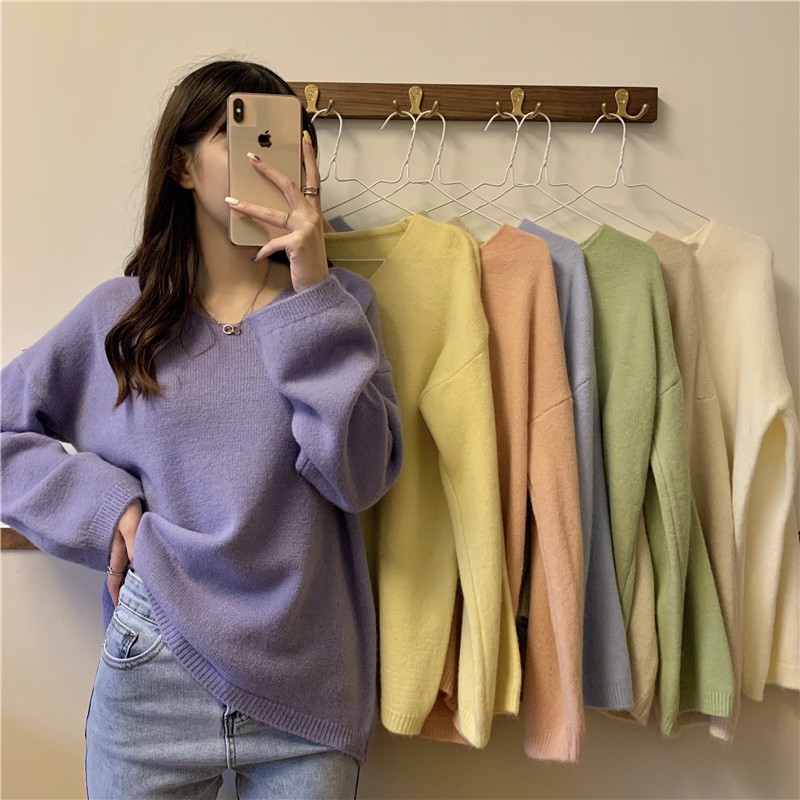 Áo sweater len cổ tim dáng rộng ulzzang (có ảnh thật)
