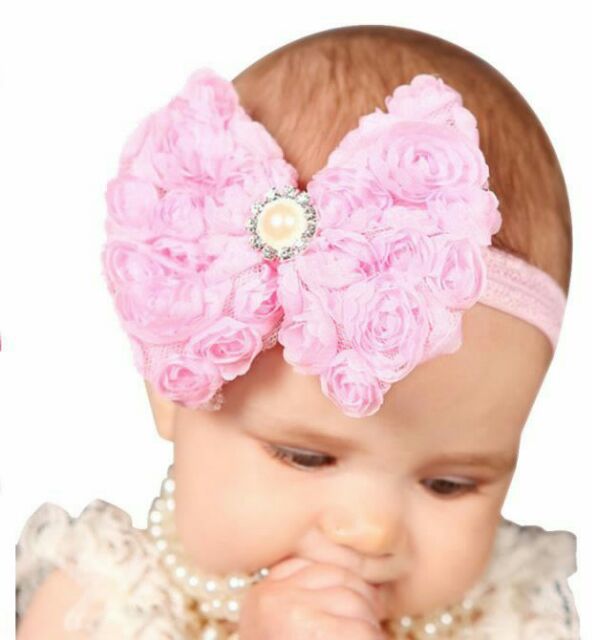 Băng đô ren nơ lớn đính hạt bé gái