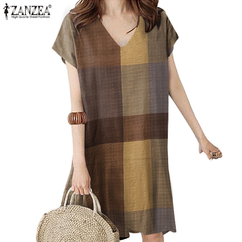 Đầm ngắn ZANZEA cổ chữ V không tay họa tiết caro phong cách vintage giản dị dành cho nữ