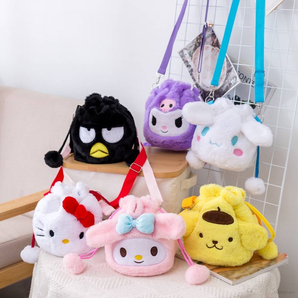 SANRIO Túi Dây Rút Đeo Vai Phủ Lông Họa Tiết Hoạt Hình Hello Kitty Mymelody Kuromi Thời Trang Cho Bé Gái