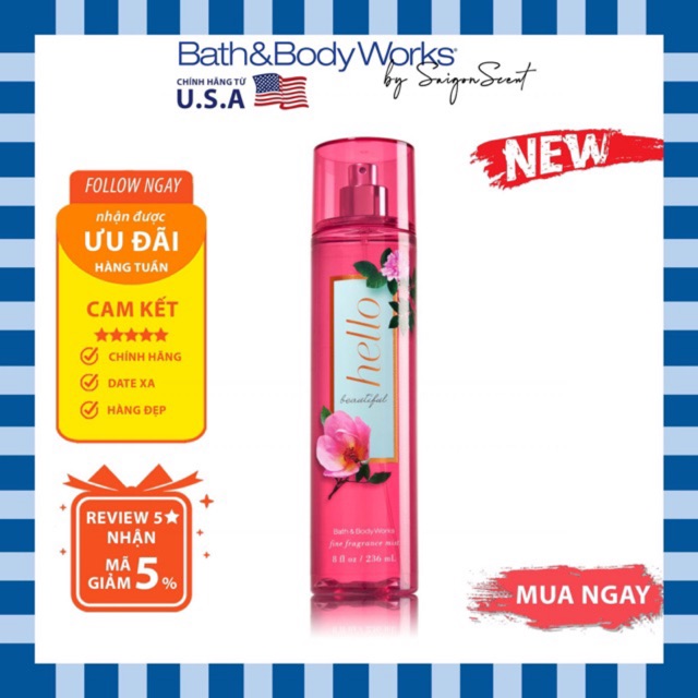 Xịt thơm toàn thân Bath &amp; Body Works Body Mist - Hello Beautiful (236ml)