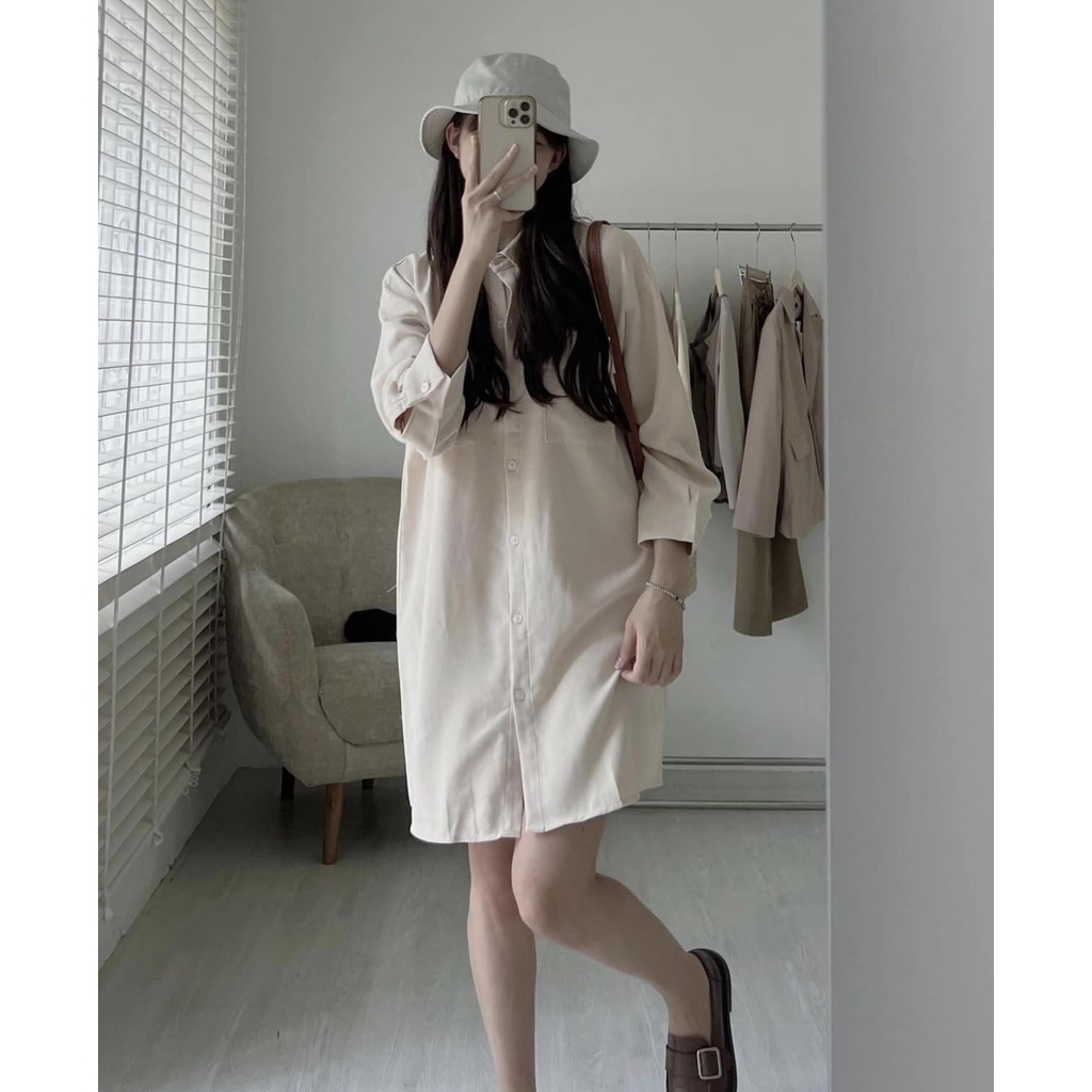 Váy sơ mi dáng dài Hàn Quốc nhung tăm basic TÚI ngực