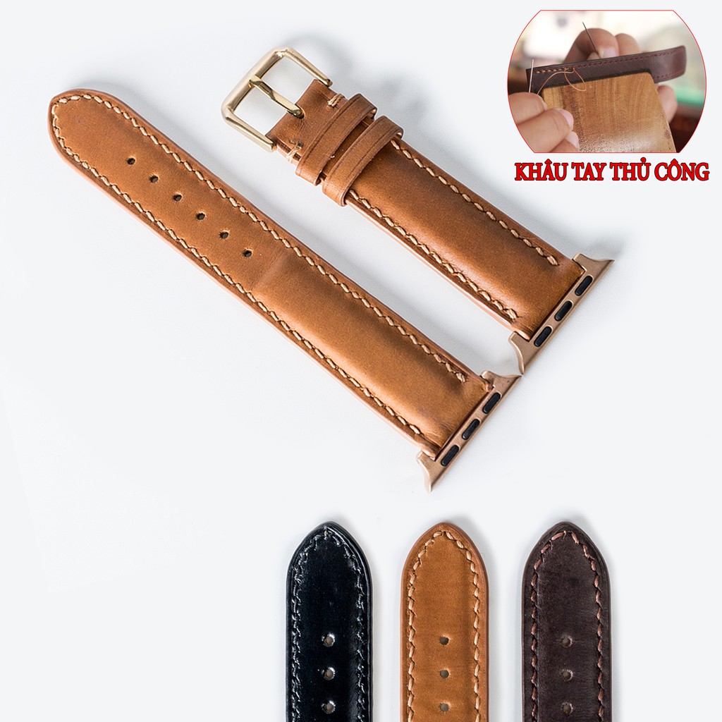 Dây đeo apple watch da bò-khâu tay thủ công D106- dây apple watch series 3 series 4 series 5-Bụi leather